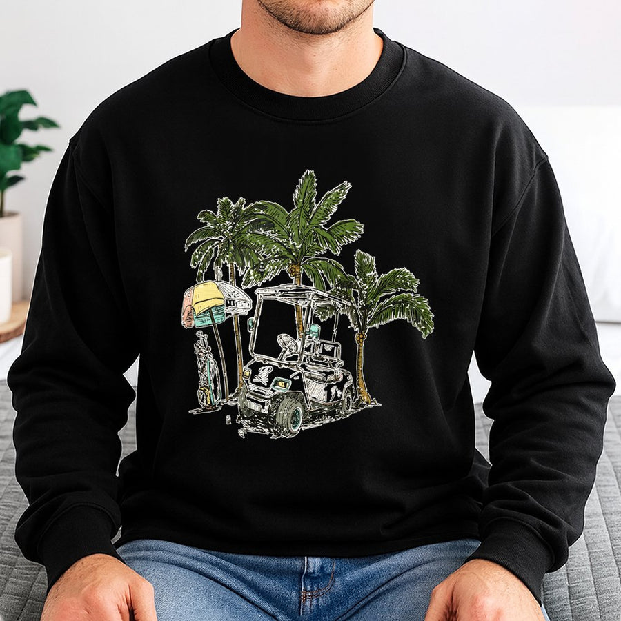 Tropical Golf Sweatshirt | Palm Tree Golf Cart Graphic | Premium Cotton Blend | Gift for Golfers & Beach Lovers