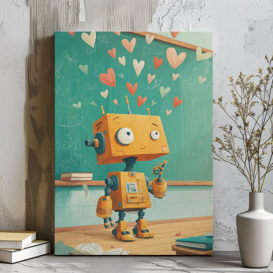 Cute Robot Canvas Wall Art | Whimsical Classroom Heart Illustration | Premium Gallery-Wrapped Print | Perfect Kids Room Decor Gift