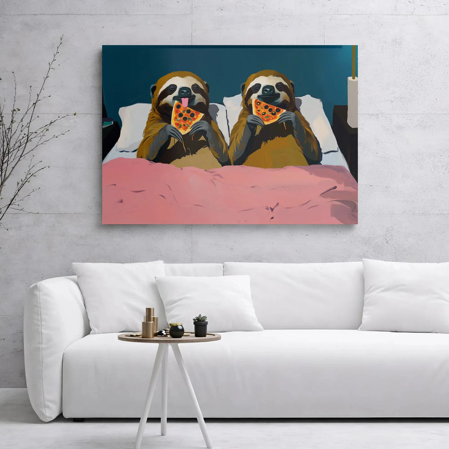 Sloth Wall Art Canvas | Two Sloths Eating Pizza In Bed | Gallery Wrapped Premium Decor | Funny Animal Bedroom Poster Gift