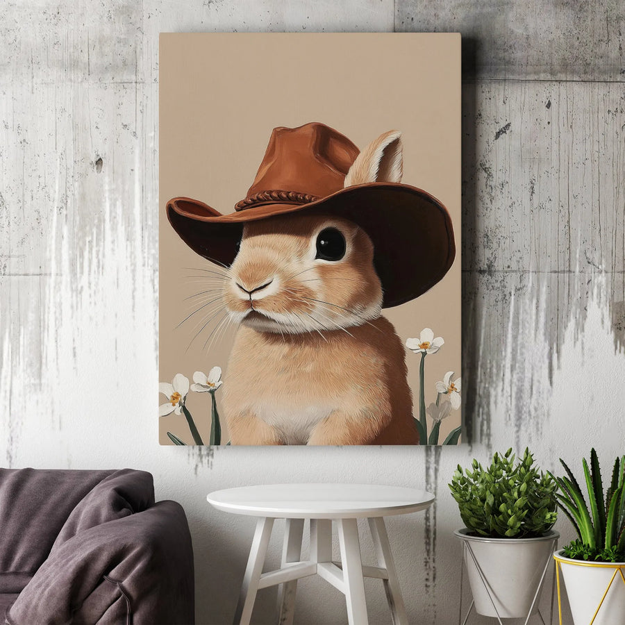 Cowboy Bunny Canvas Print | Cute Rabbit in a Hat Wall Art | Premium 1.25" Thick Canvas | Western Nursery Decor & Farmhouse Gift for Kids