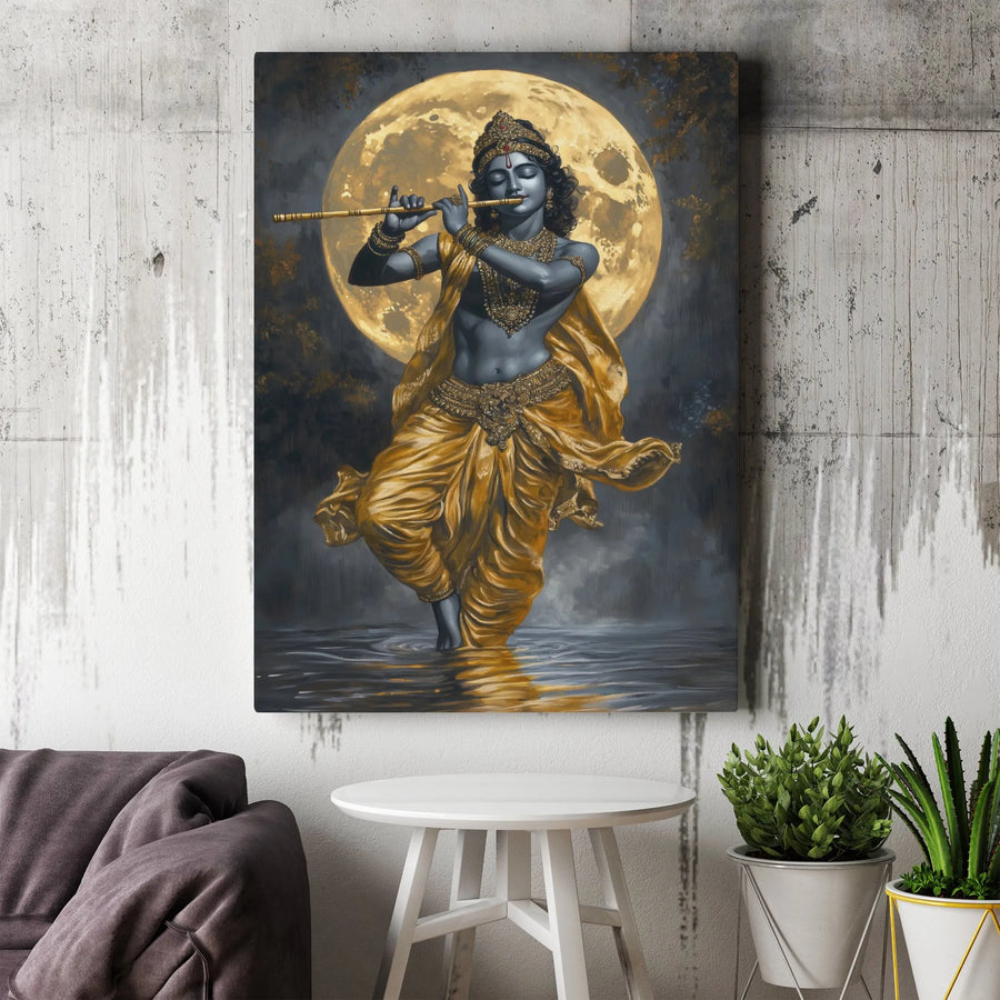 Lord Krishna Wall Art | Divine Flute Player Under Full Moon | Premium Gallery-Wrapped Canvas Print | Spiritual Home Decor Gift