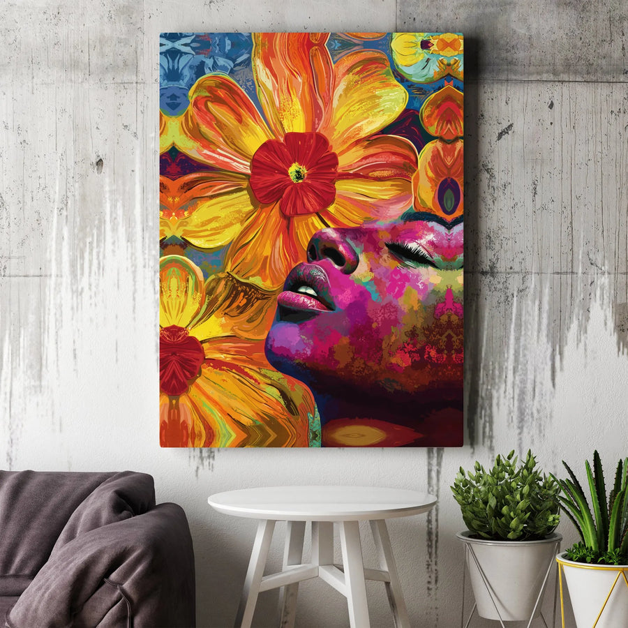 Abstract Black Woman Canvas Print | Vibrant Floral Portrait Art | Premium Gallery Wrapped Canvas | Modern Afrocentric Home Decor Gift for Her