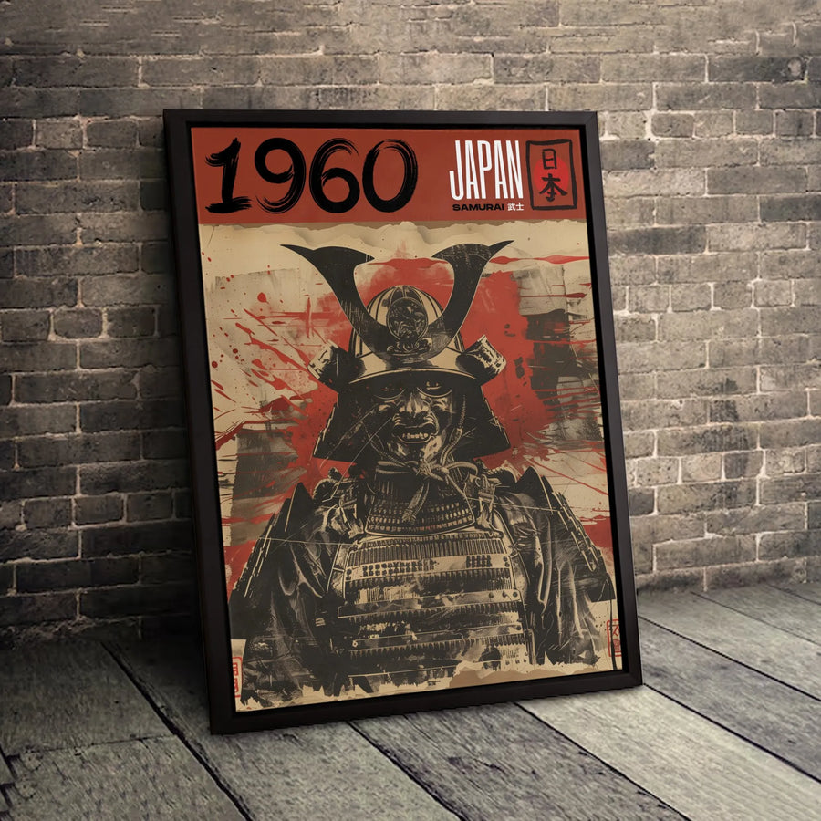 Japanese Samurai Warrior Canvas | 1960 Retro Graphic Art Print | Premium 1.25 Inch Gallery Wrap | Unique Home Office Decor Gift for Him