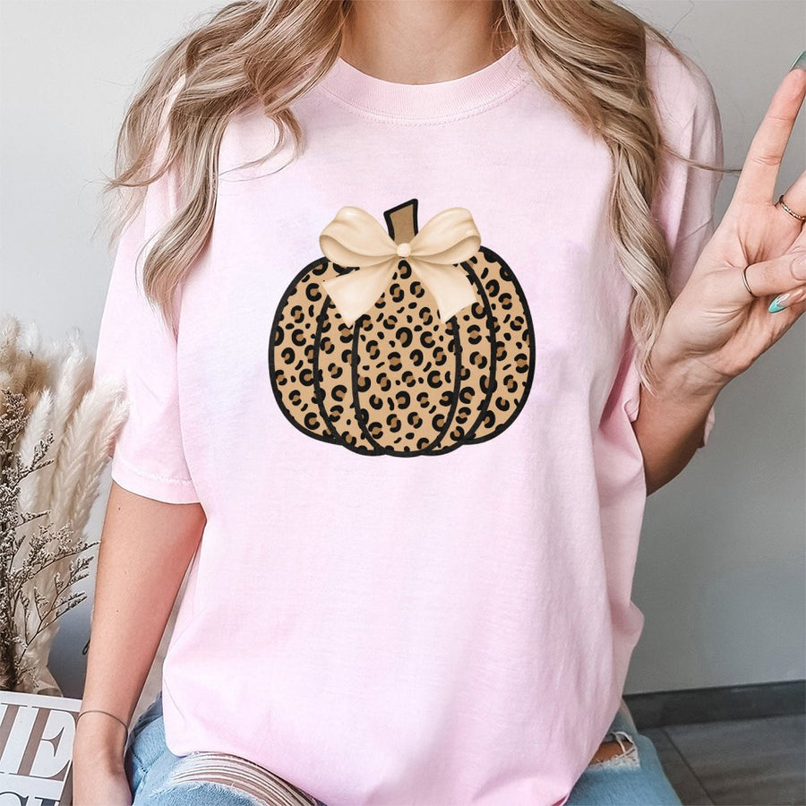 Leopard Print Pumpkin T-Shirt | Coquette Aesthetic Fall Bow Graphic | 100% Cotton Premium Tee | Cute Autumn Outfit Gift for Her