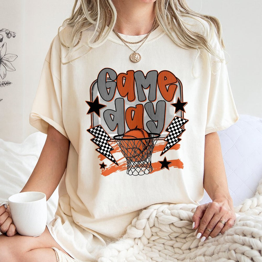 Game Day Basketball T-Shirt | Retro Checkerboard Hoop Graphic | Premium 100% Cotton Tee | Sporty Gift for Basketball Mom & Fan