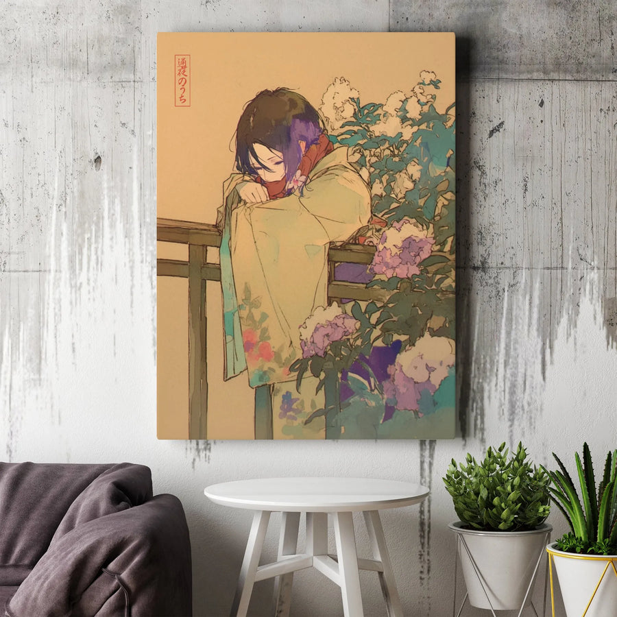Anime Girl in Kimono Canvas Wall Art | Floral Japanese Aesthetic Print | Premium 1.25-Inch Gallery Wrap | Home Office Decor Gift