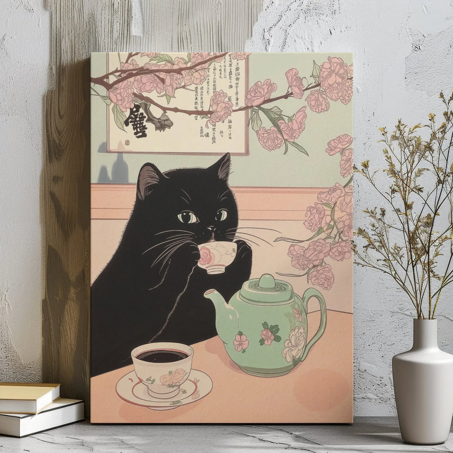 Japanese Ukiyo-E Black Cat Canvas Art | Cherry Blossom Tea Time Print | Premium Gallery Wrapped Wall Decor | Whimsical Cat Lover Gift Idea