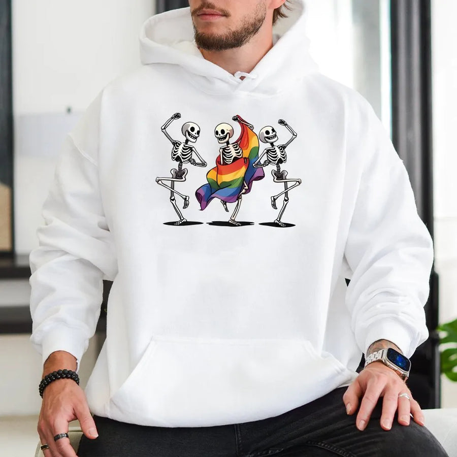 Dancing Skeleton Pride Hoodie | LGBTQ Rainbow Flag Graphic | Premium Cotton Blend | Inclusive Equality Gift for Pride Month