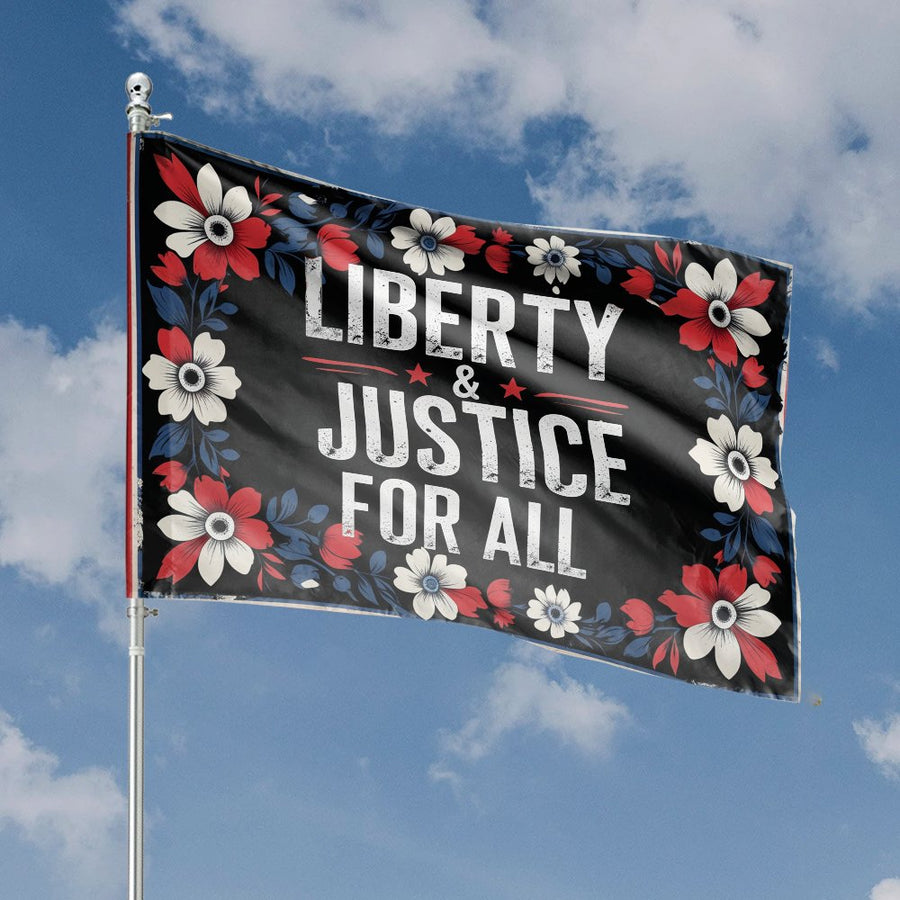 Liberty & Justice For All House Flag | Patriotic Floral Garden Decor | Weather-Resistant Polyester | Memorial Day Fourth of July Gift