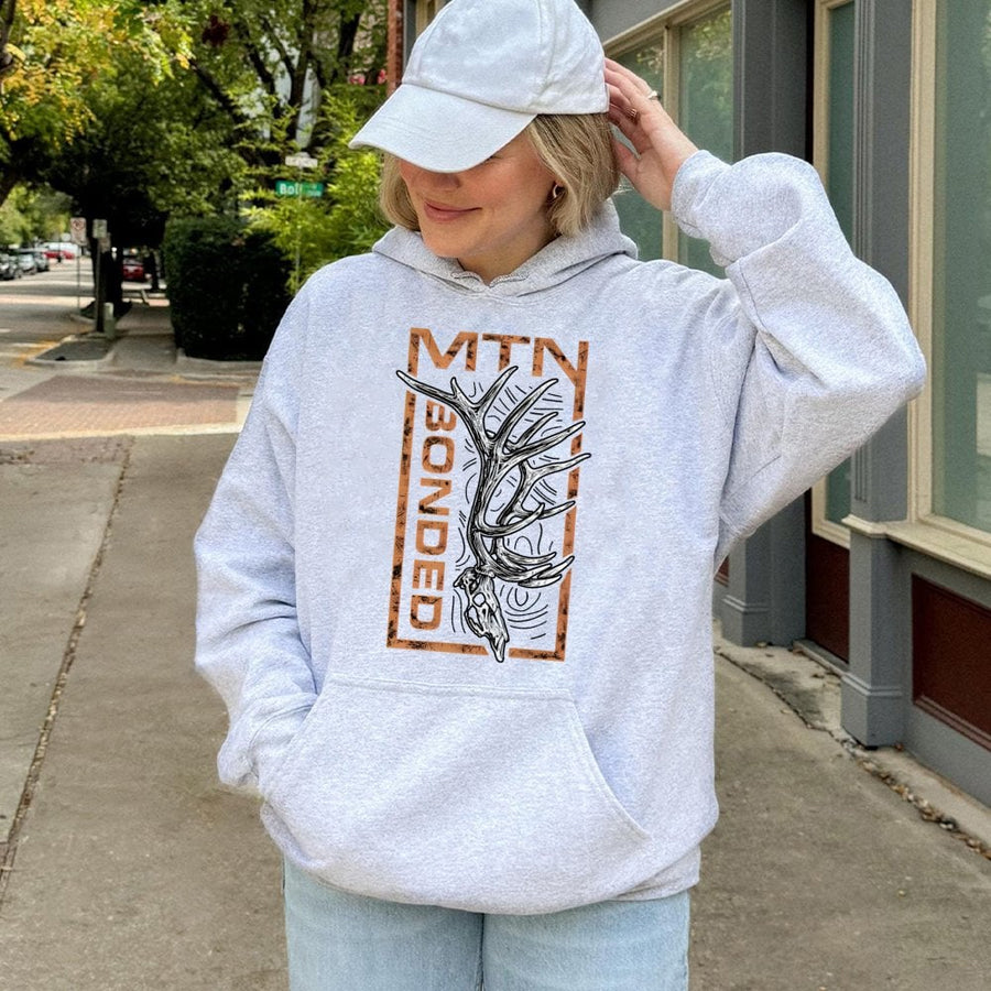 Mtn Bonded Deer Antler Hoodie | Rustic Hunting Skull Graphic | Premium Cotton Blend | Outdoor Adventure Gift for Hunters