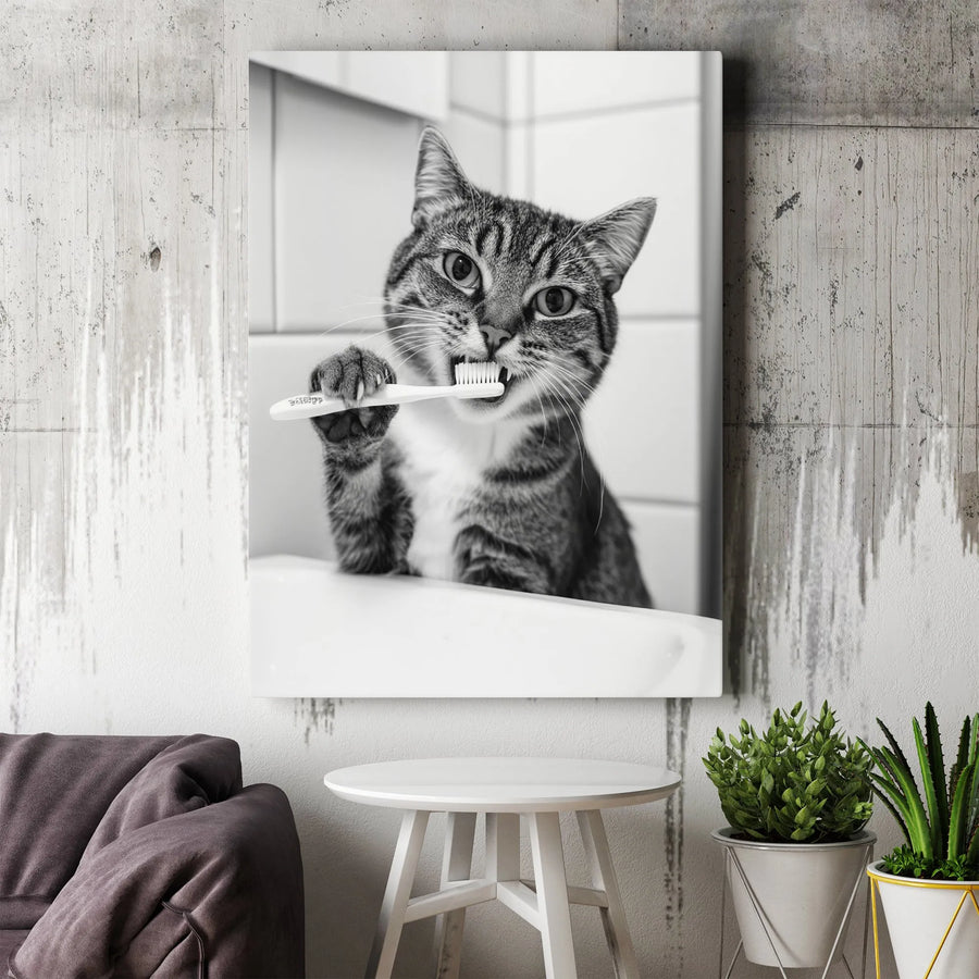 Funny Cat Brushing Teeth Canvas Print | Black and White Bathroom Wall Art | Premium Gallery Wrap Decor | Quirky Animal Gift for Pet Lovers