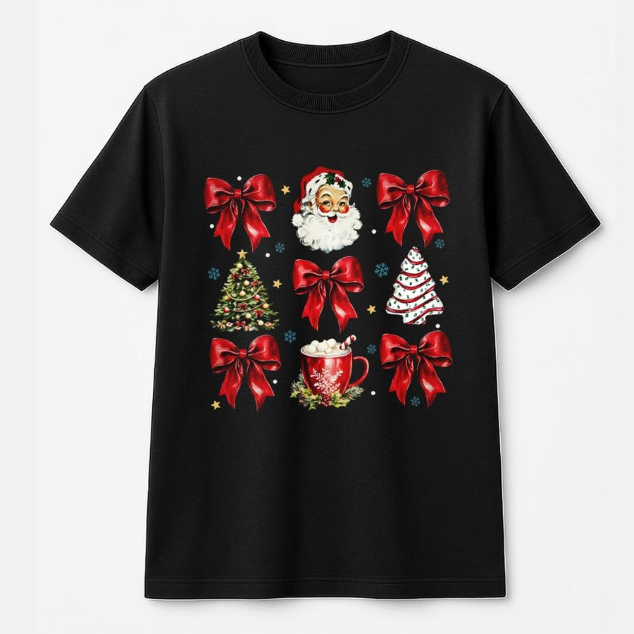 Christmas Bows T-Shirt | Vintage Santa & Cocoa Holiday Graphic | 100% Cotton Premium Tee | Cute Winter Gift for Women & Teens