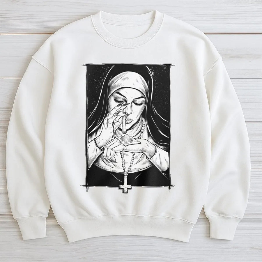 Gothic Nun Sweatshirt | Dark Humor Religious Art | Premium Soft Cotton | Edgy Alternative Streetwear Gift