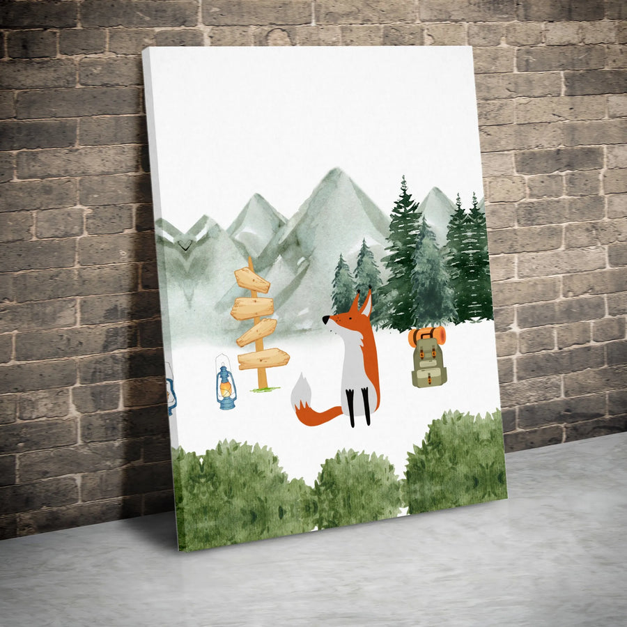 Woodland Fox Canvas Print | Watercolor Mountain Adventure Art | Premium Gallery Wrapped Canvas | Nursery Decor Gift for Kids