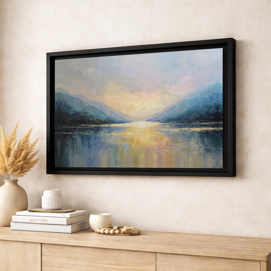 Mountain Lake Landscape Canvas | Abstract Sunset Wall Art | 1.25 Inch Premium Gallery Wrap | Modern Home Office Decor