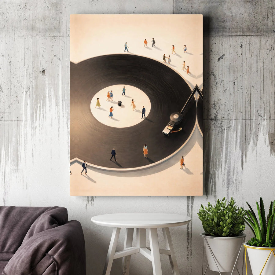 Vinyl Record Canvas Art | Surreal Illustration with Tiny People | Premium Fade-Resistant Print | Gift for Music Lover & Modern Home Decor