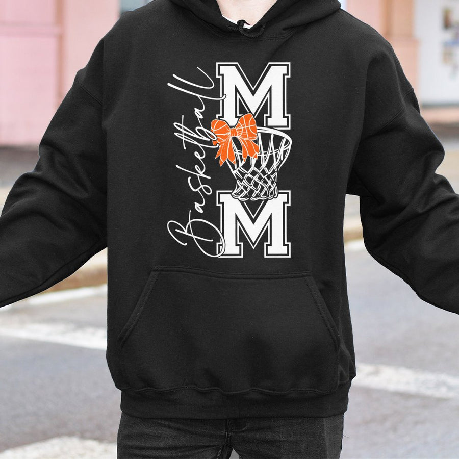 Basketball Mom Hoodie | Coquette Bow Basketball Hoop Design | Cotton-Blend Premium Apparel | Cute Game Day Outfit For Basketball Mamas