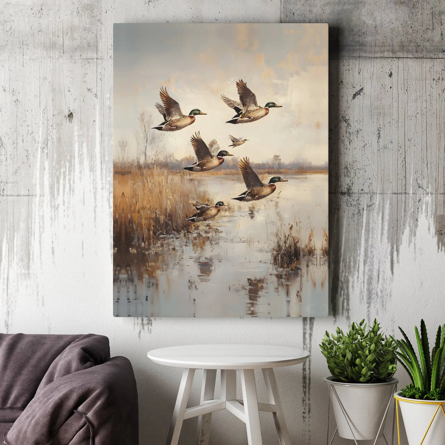 Flying Mallard Ducks Canvas Art | Rustic Marsh Landscape Print | Premium 1.25-Inch Gallery Wrap | Wildlife Nature Gift for Hunters and Outdoorsmen