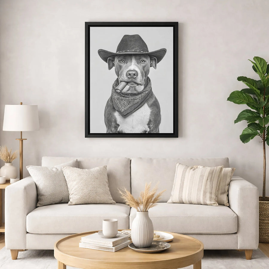 Pitbull Cowboy Wall Art | Western Dog Portrait with Cigar and Bandana | Gallery Quality Canvas Print | Rustic Home Decor Gift for Dog Lovers