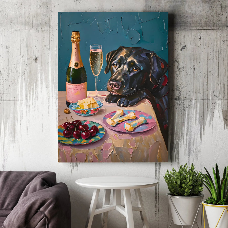 Black Labrador Canvas Wall Art | Impasto Style Dog Portrait With Champagne | Premium Gallery Wrapped Decor | Unique Pet Lover Gift Idea