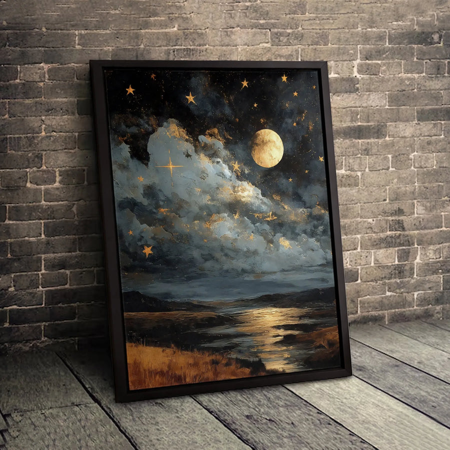 Golden Moon Night Landscape Canvas | Starry Sky Celestial Wall Art | Premium Fade-Resistant Gallery Print | Atmospheric Home & Office Decor Gift