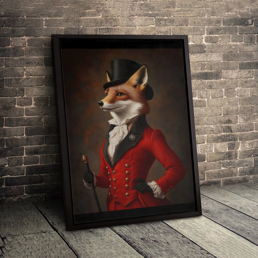 Dapper Gentleman Fox Canvas Wall Art | Victorian Anthropomorphic Red Coat Portrait | Premium Gallery Wrapped Print | Unique Office Decor Gift