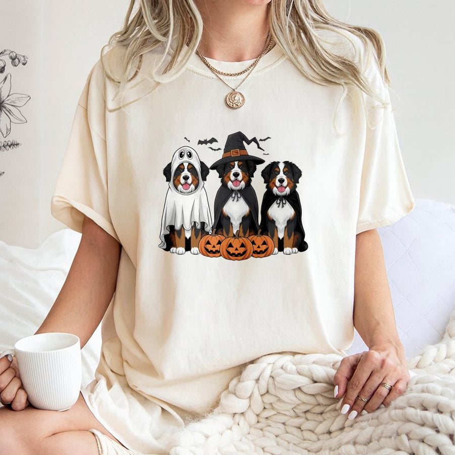 Bernese Mountain Dog Halloween T-Shirt | Spooky Ghost Witch Pumpkin Graphic | Premium 100% Cotton Tee | Gift for Dog Mom and Dad