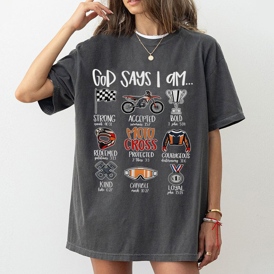 God Says I Am Motocross T-Shirt | Christian Dirt Bike Graphic | 100% Cotton Premium Apparel | Faith-Based Gift for Dirt Biker Kids and Adults