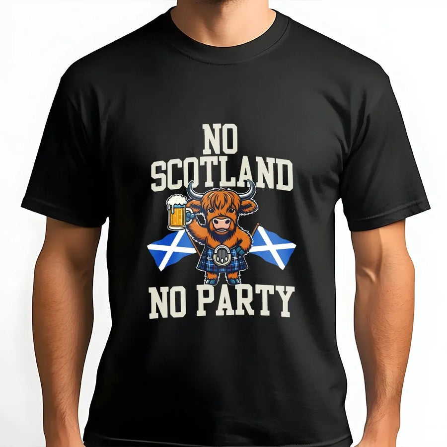 No Scotland No Party T-Shirt | Funny Highland Cow Graphic Pullover | Premium Cotton Blend | Gift for Scottish Supporter