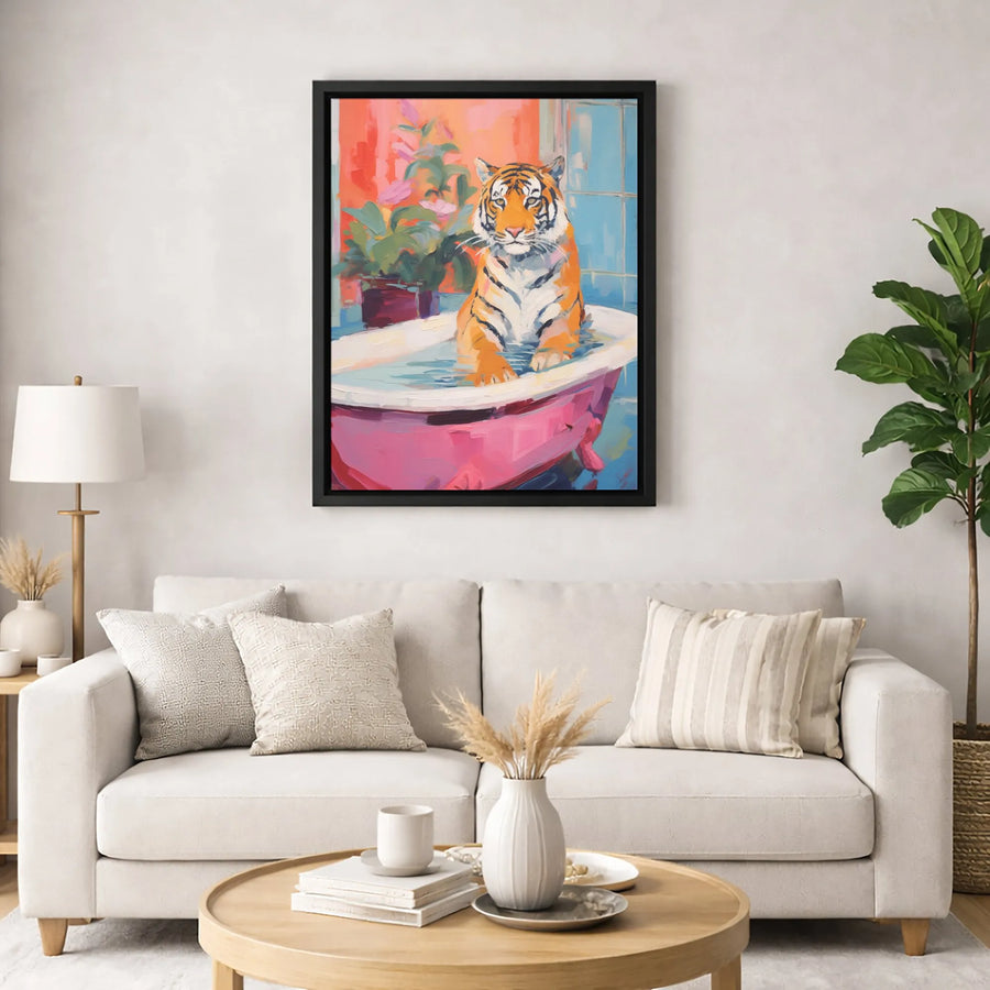Tiger In Bathtub Wall Art | Whimsical Animal Bathroom Decor Print | Premium Fade-Resistant Canvas | Unique Gift For Animal Lovers