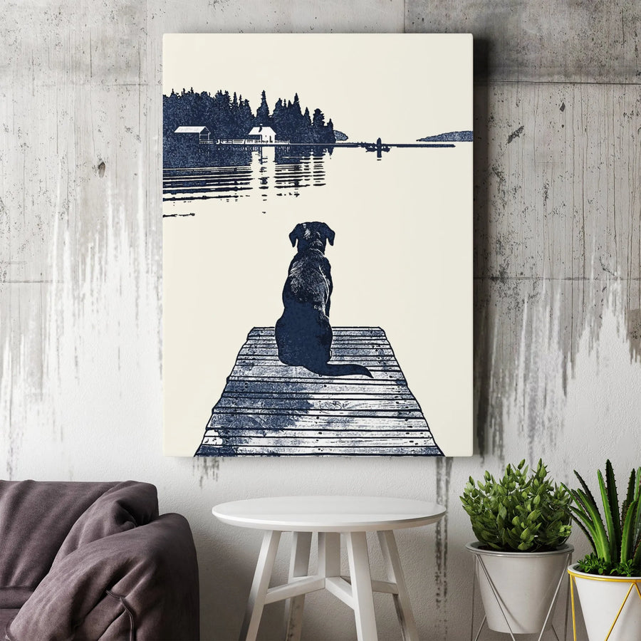 Black Labrador Dog Canvas Print | Lakeside Dock Wall Art | Gallery Wrapped Premium Canvas | Dog Lover Home Decor Gift