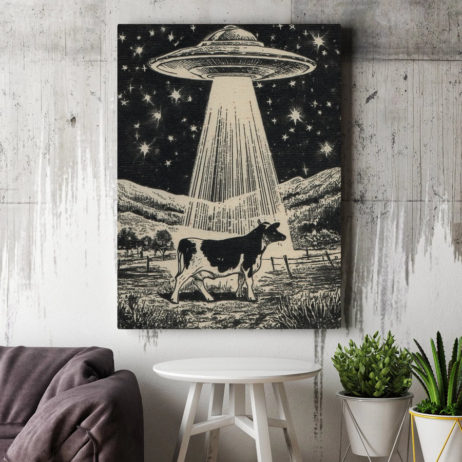 UFO Cow Abduction Canvas Print | Vintage Etching Sci-Fi Wall Art | Gallery Wrapped 1.25 Inch Premium Decor | Unique Gift for Alien Enthusiasts