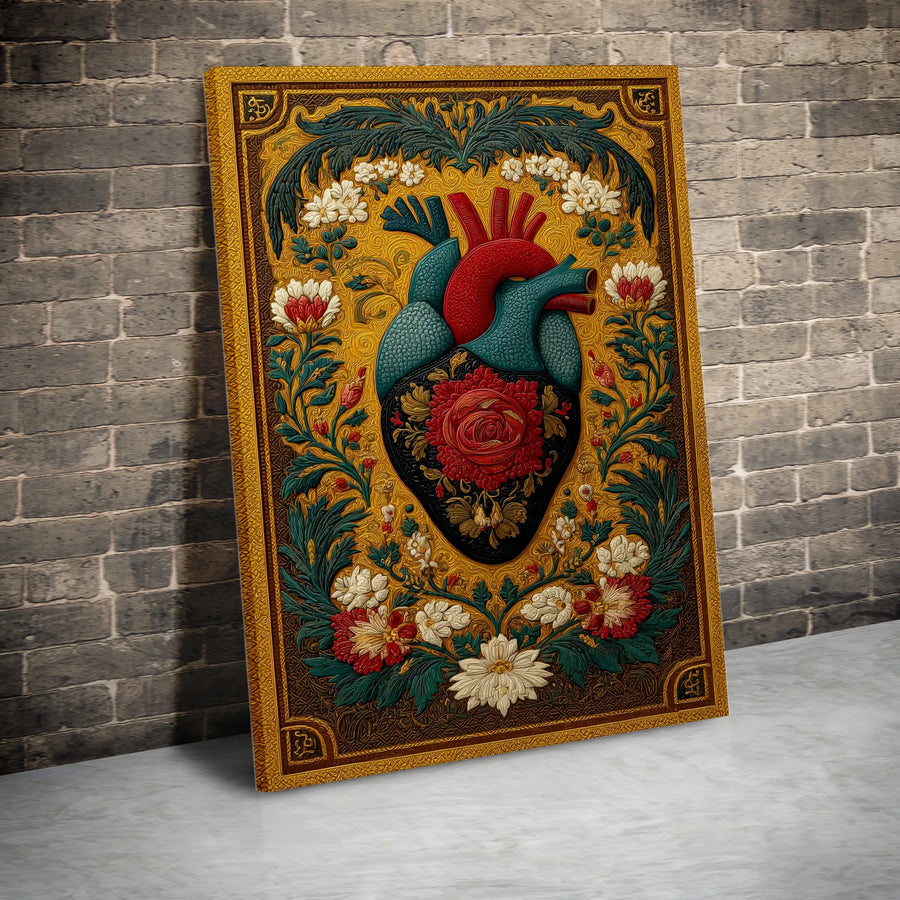 Anatomical Heart Canvas Wall Art | Floral Rose Gold Vintage Illustration | Premium Gallery Wrapped Print | Unique Medical Home Decor Gift