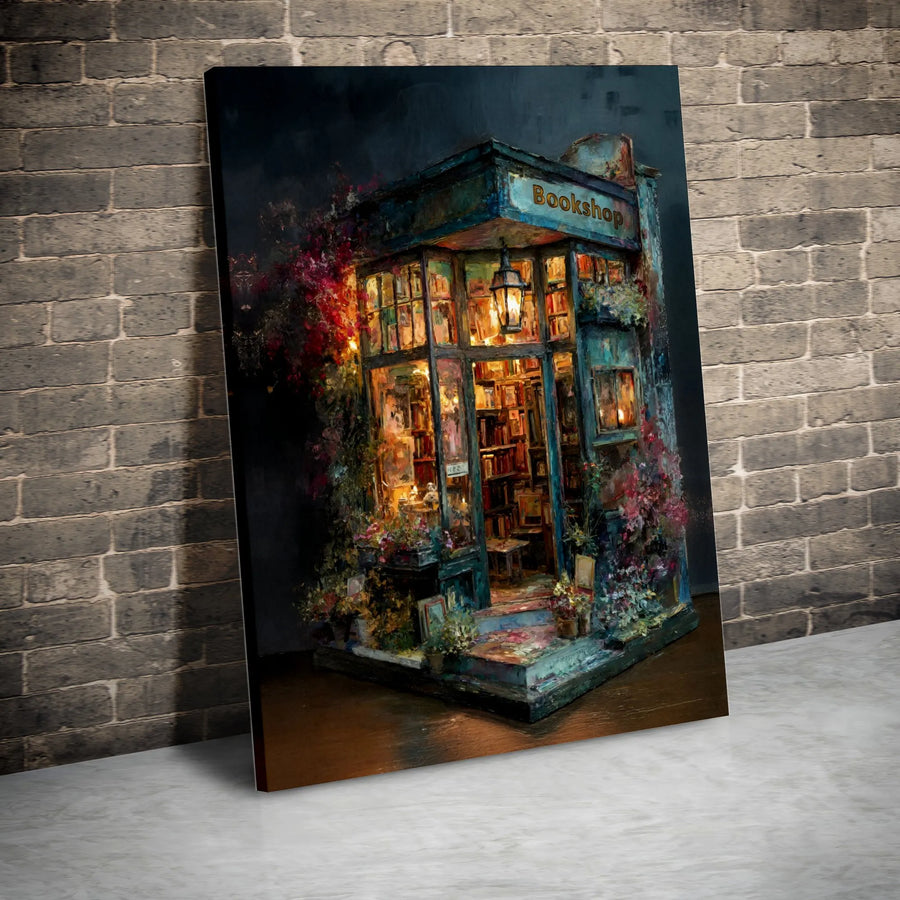 Bookshop Impressionist Canvas Wall Art | Cozy Night Library Scene with Flowers | 1.25 Inch Gallery Wrap | Premium Decor for Book Lovers