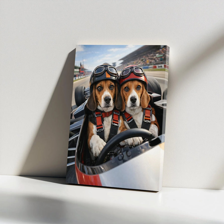 Funny Beagle Dogs Racing Vertical Canvas | Cute Puppies in Helmets & Goggles Racetrack Art | Premium 1.25" Gallery Wrap Fade-Resistant Wall Art | Cool Gift for Dog Lovers & Racing Fans