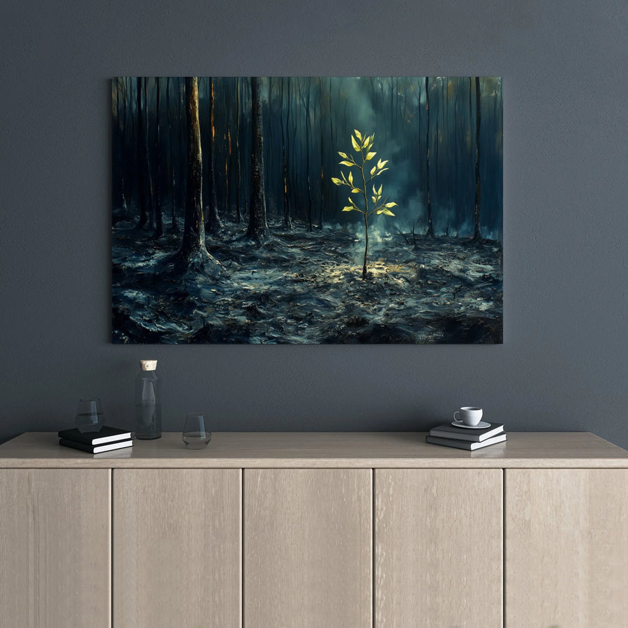 Hopeful Golden Sapling Canvas Wall Art | Burnt Forest Nature Landscape Print | Premium 1.25-inch Gallery Wrap | Inspirational Home Decor Gift