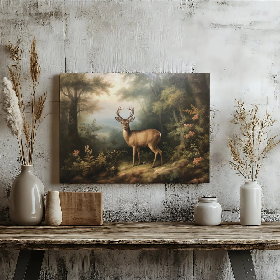 Vintage Deer Painting Canvas Wall Art | Rustic Woodland Animal Scene | Premium Gallery-Wrapped Print | Cabin & Lodge Decor Gift
