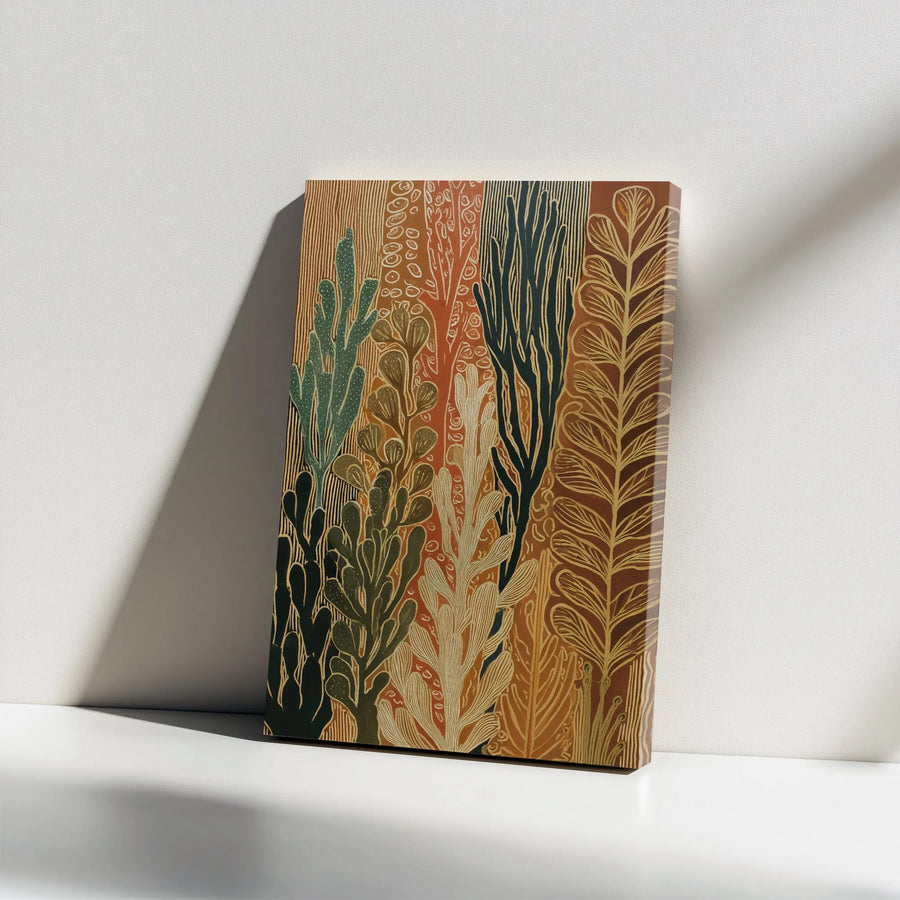 Boho Botanical Canvas Wall Art | Abstract Woodblock Style Plant Print | Premium Thick Gallery Wrap | Unique Living Room Wall Decor
