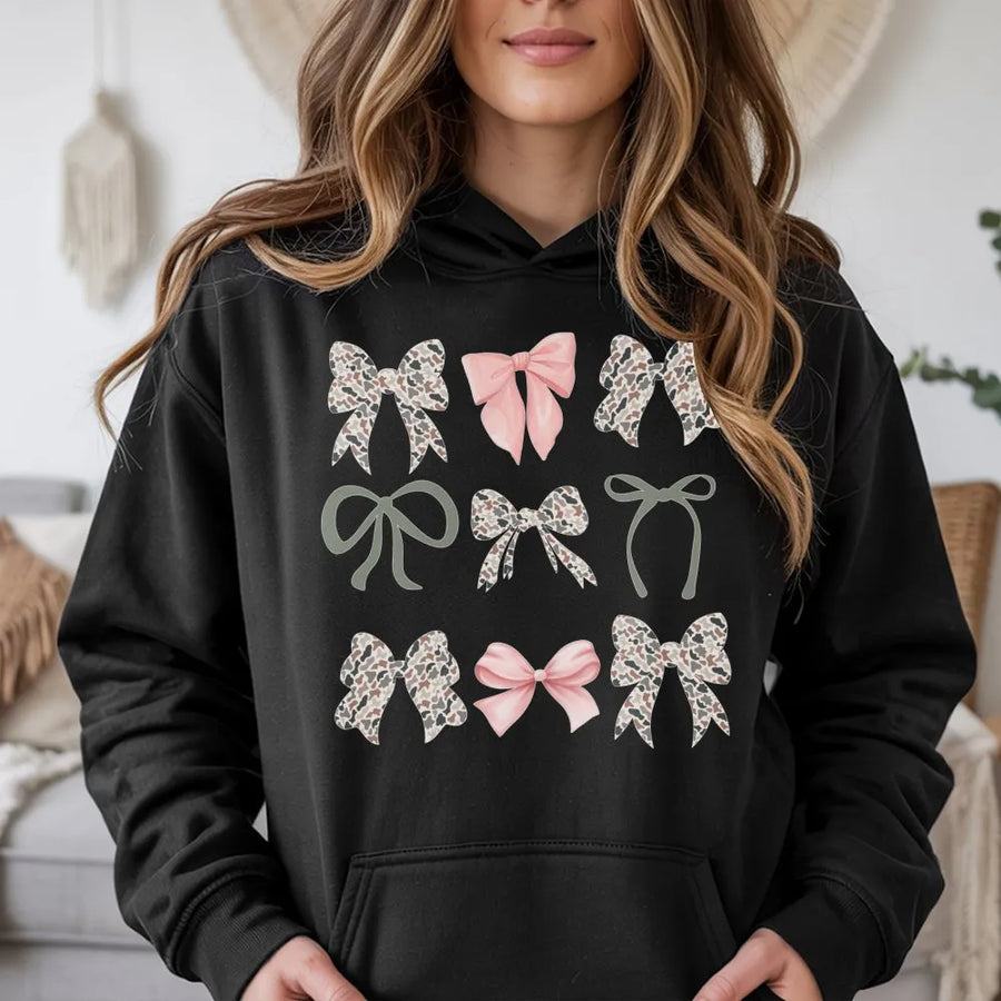 Camo Bow Hoodie | Aesthetic Leopard Print Ribbon Graphic | Premium Cotton Blend Pullover | Cute Country Girl Gift for Women and Teens