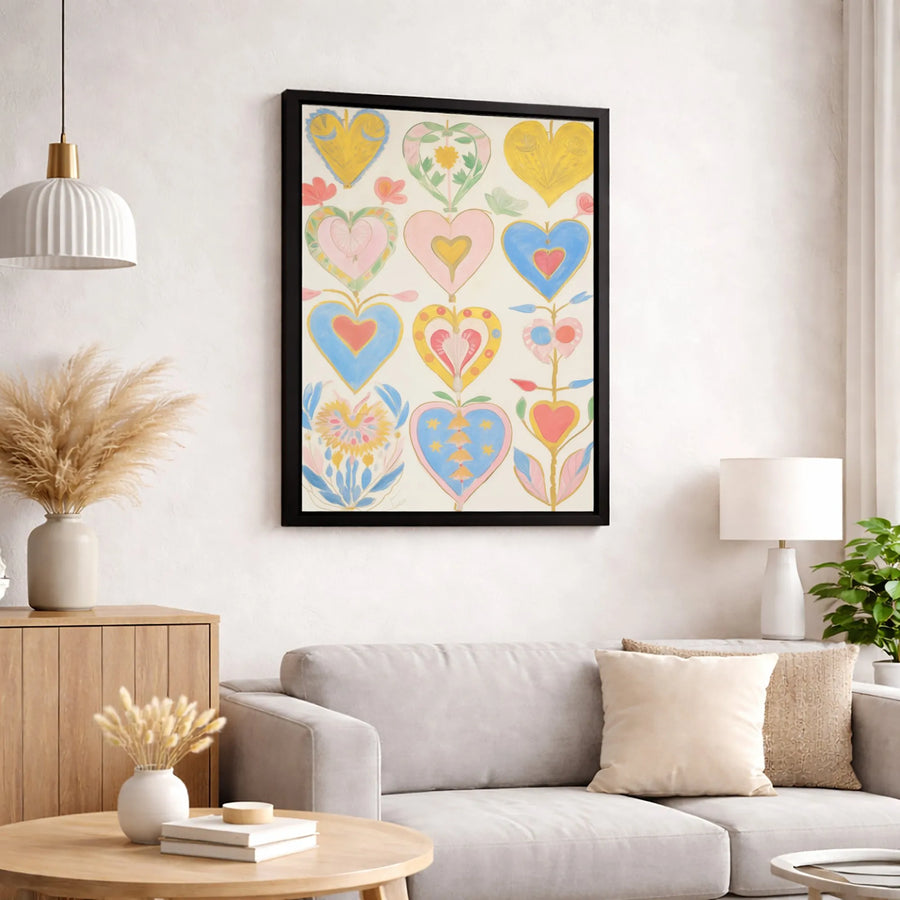 Folk Art Hearts Canvas Print | Colorful Floral Heart Pattern | Premium Gallery-Wrapped Wall Decor | Romantic Boho Home Art Gift