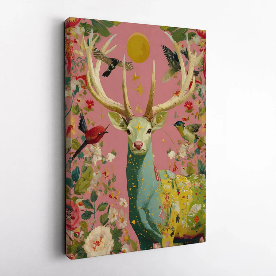 Celestial Deer Vertical Canvas | Mystical Stag & Floral Bird Painting | Premium Gallery Wrap Wall Art | Boho Home Decor Collector's Gift