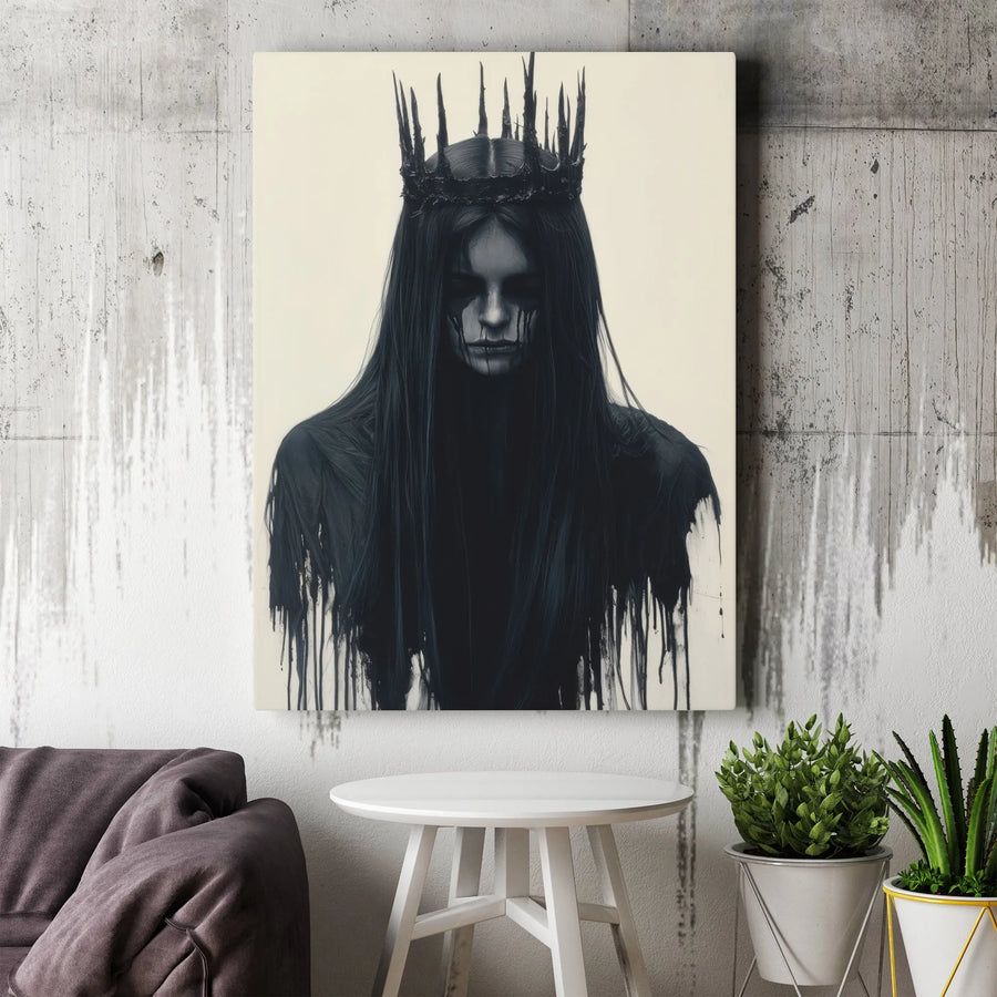 Gothic Queen Wall Art | Dark Fantasy Spiky Crown Portrait | Gallery-Wrapped Premium Canvas | Moody Aesthetic Decor Gift For Goth Lovers