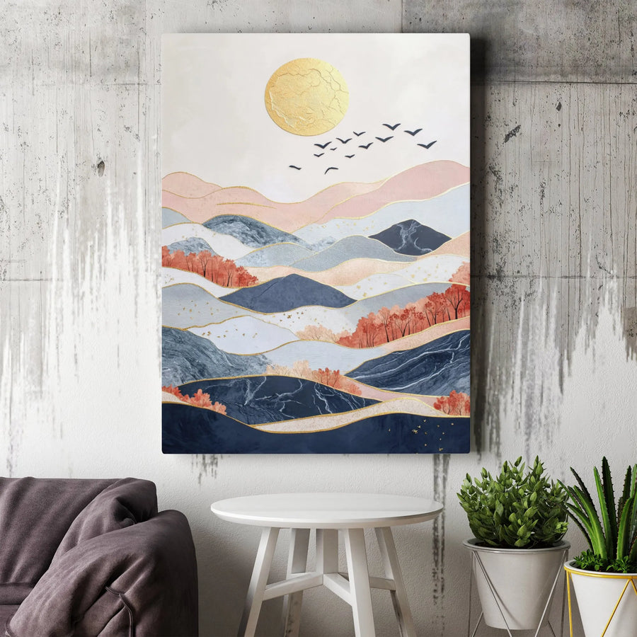 Abstract Mountain Landscape Canvas Art | Golden Sun Minimalist Wall Decor | Premium Gallery Wrapped Print | Modern Living Room Home Interior Decor