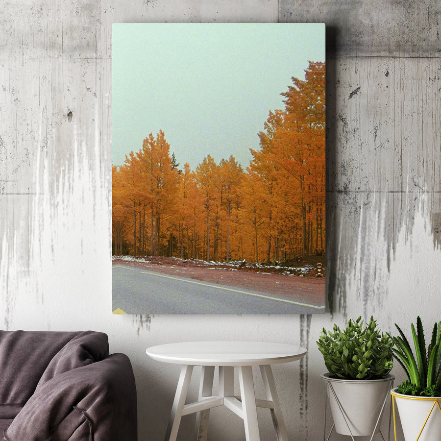 Autumn Forest Road Canvas Print | Snowy Fall Landscape Wall Art | Gallery Wrapped 1.25" Premium Wood Frame | Cozy Seasonal Nature Home Decor