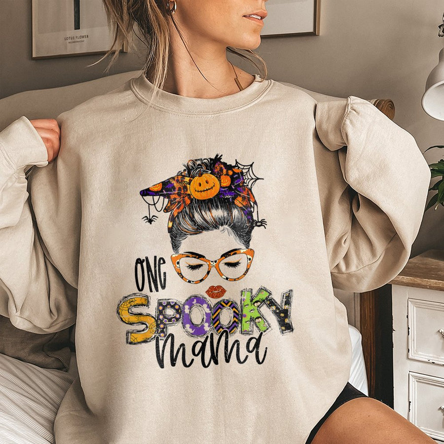 One Spooky Mama Sweatshirt | Halloween Messy Bun Pumpkin Graphic | Premium Cotton Blend Crewneck | Cute Fall Gift For Mom