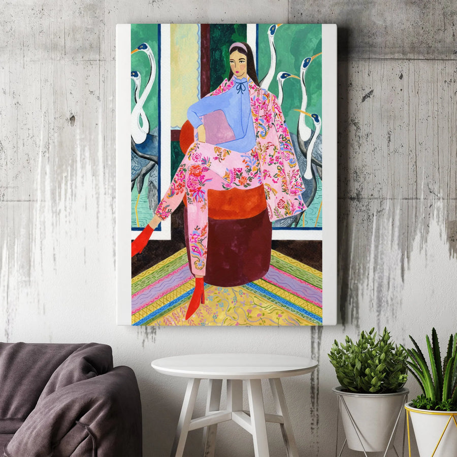 Eclectic Woman and Herons Canvas Art | Colorful Maximalist Portrait Print | Premium Gallery Wrapped Canvas | Unique Home Decor Gift