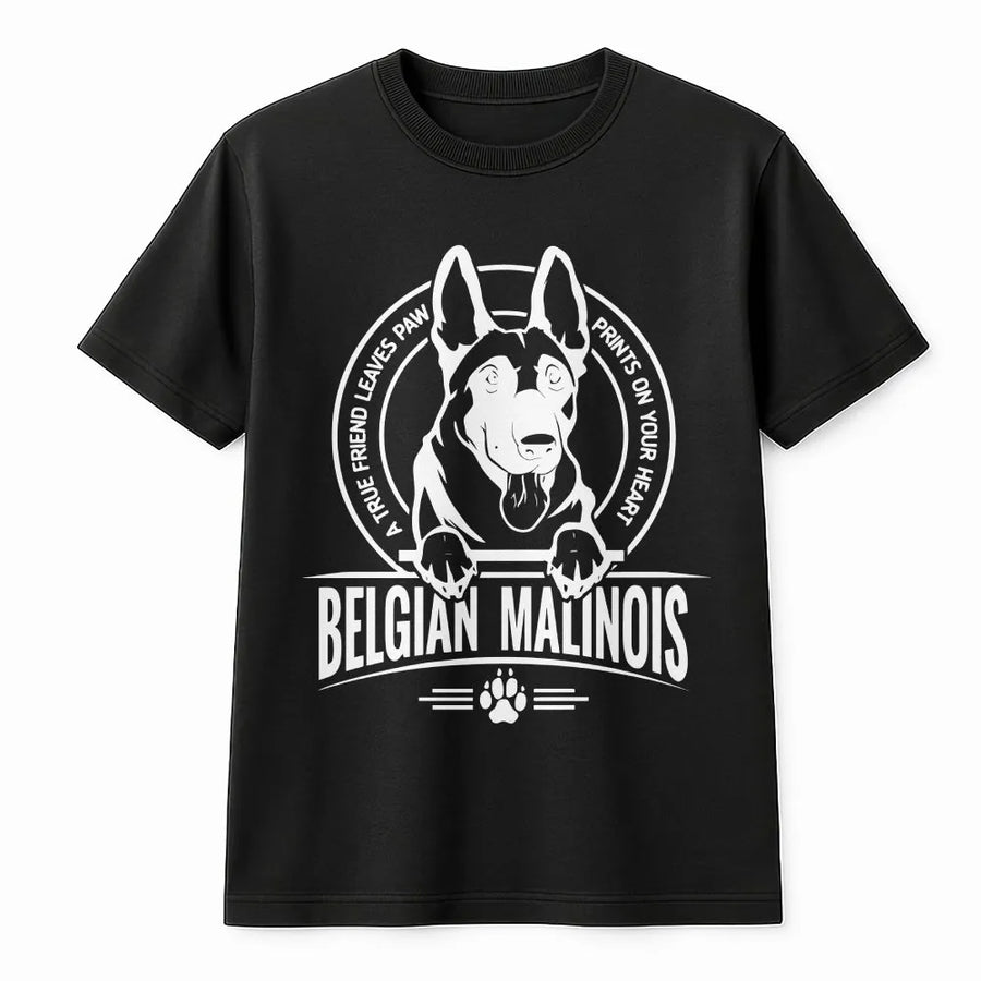 Belgian Malinois T-Shirt | A True Friend Leaves Paw Prints Design | Premium 100% Cotton Graphic Tee | Dog Lover Gift For Owners & Trainers