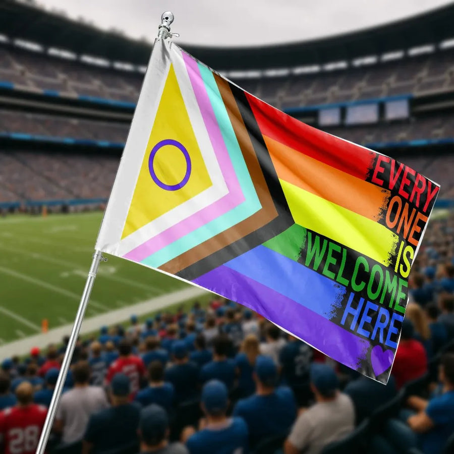 Progress Pride House Flag | Everyone is Welcome Here Double-Sided Print | UV-Resistant Polyester | LGBTQ Ally Gift & Inclusive Yard Decor