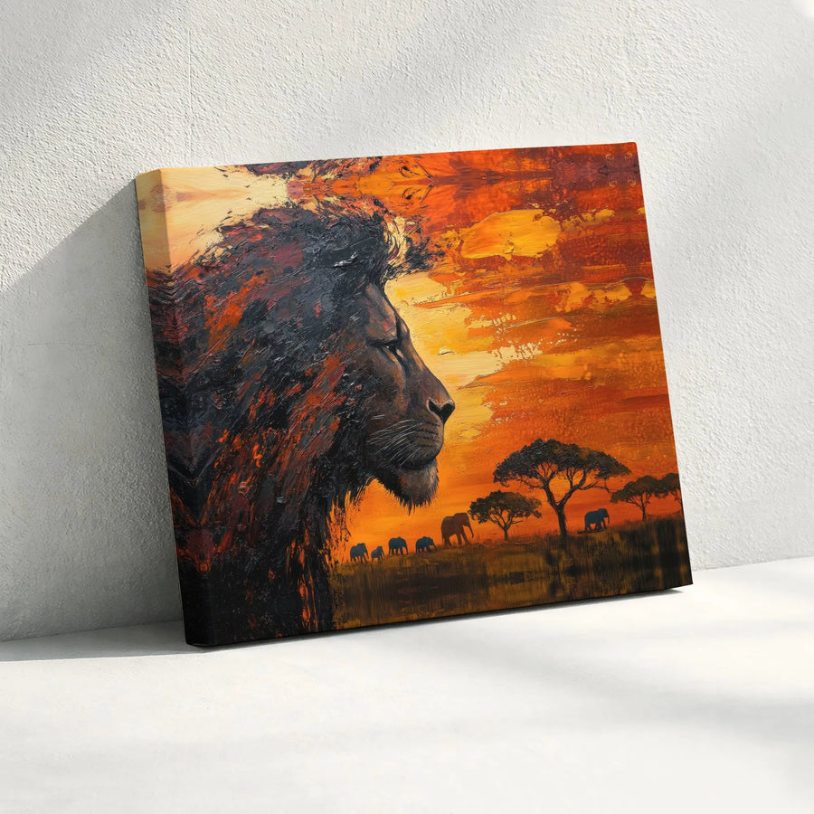 Lion Canvas Wall Art | African Savannah Sunset with Elephants | Premium Gallery Canvas | Wildlife Home Decor Gift