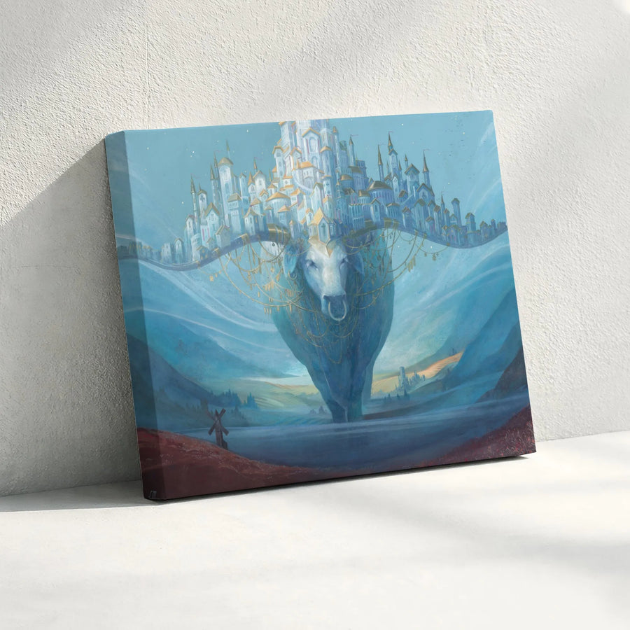Mythical Bull Canvas Art | Surreal Landscape with Floating City | Premium Thick Gallery Wrap | Gift for Fantasy Art Lovers